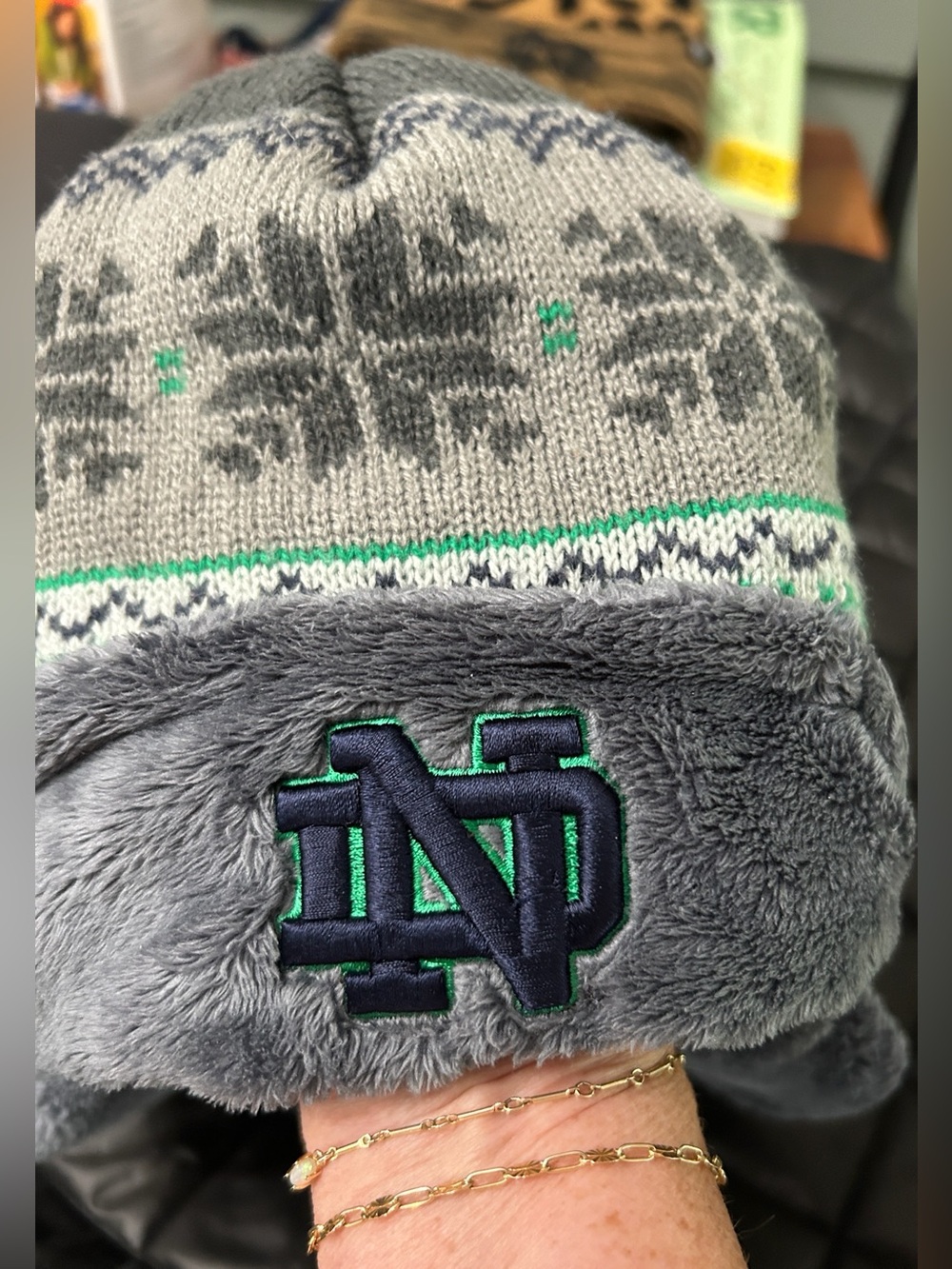 Gray Knit Trapper Notre Dame Hat with Green Accent